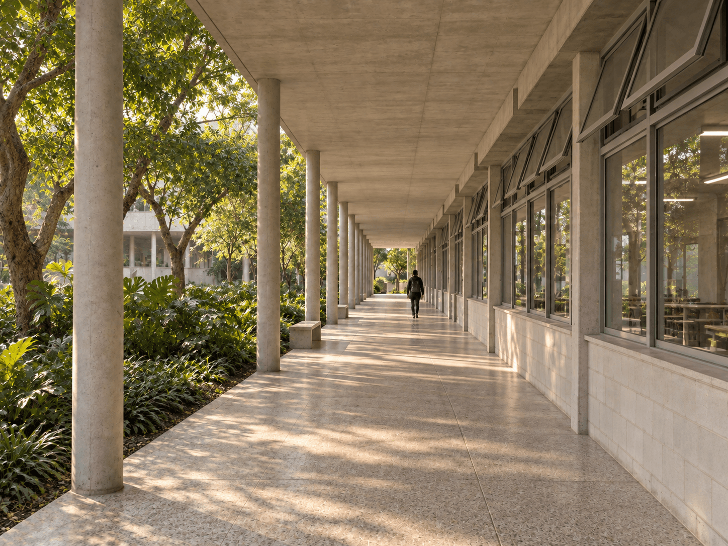 Corredor com pilares de concreto, fachada de vidro e jardins iluminados pelo sol do fim de tarde.