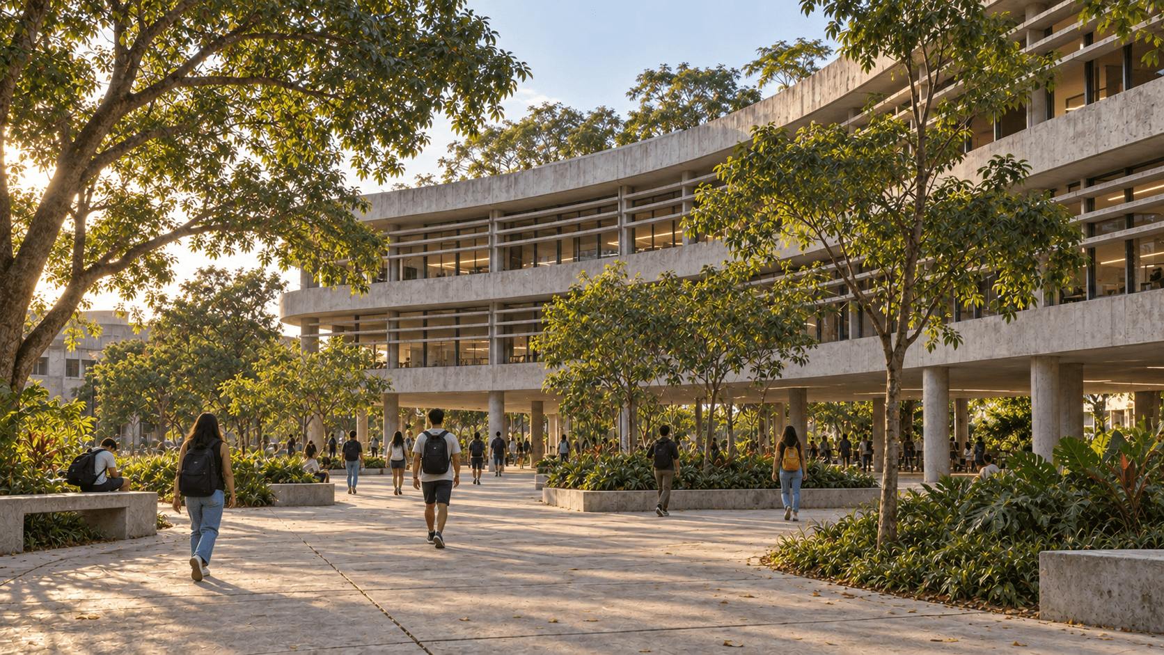 Pessoas caminhando diante de um edifício universitário curvo de vidro e concreto, com jardins.