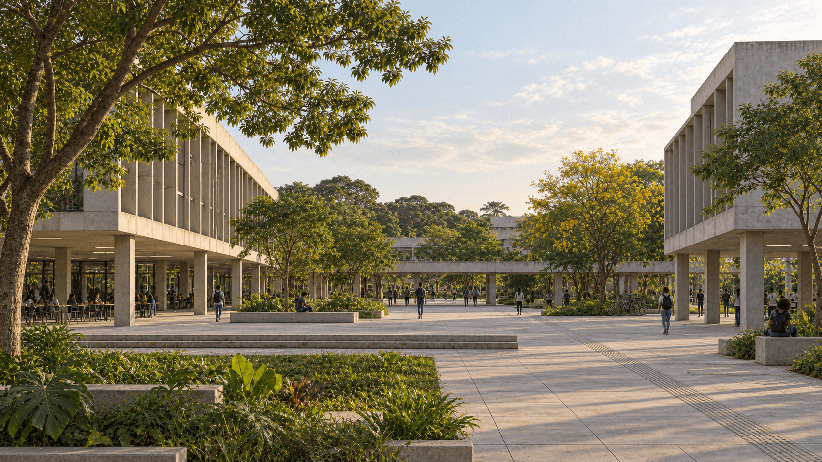 Campus de vidro e concreto com jardins discretos e pessoas ao longe, à luz do fim de tarde.